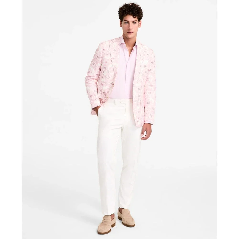 Tallia Linen Blend Slim Fit Printed Notch-Lapel Sport Coat Men's Pink/White L/S